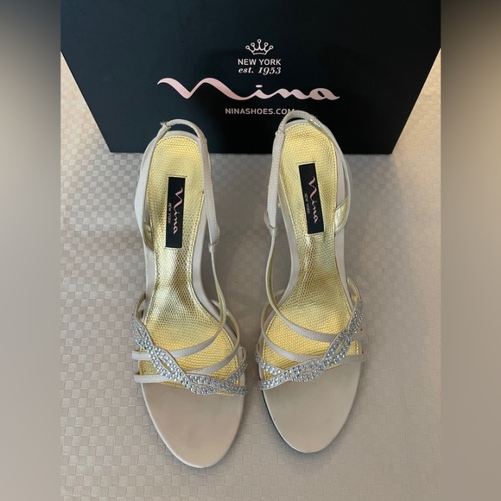 Nina New York Gathi sling back heels in Powder Sand Luster with rhinestones. 10.